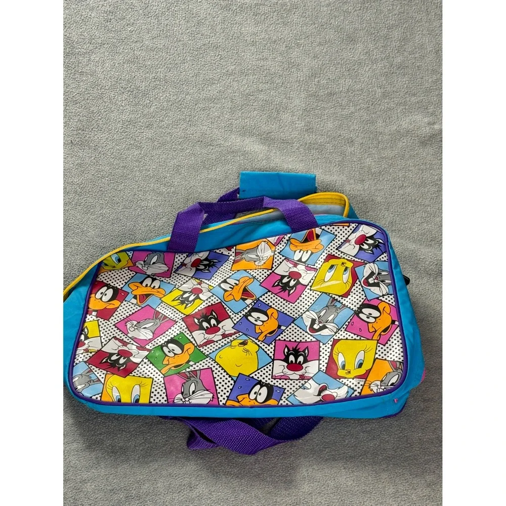 Vintage 90s Looney Tunes Duffle Bag Bugs Bunny Daffy Duck Blue Retro Travel Tote